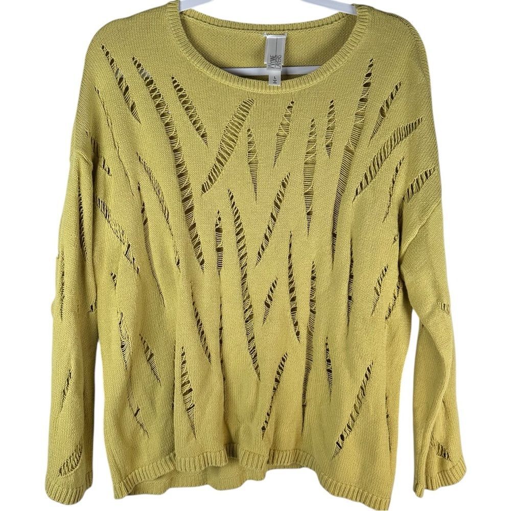 Wynne Layers Yellow Moving Pointelle Stitch Distressed Knit Crewneck Sweater L